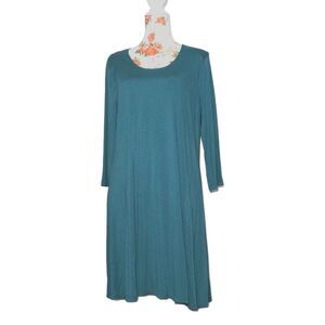 Garnet Hill XL Dress Teal Blue Green Scoop Neck Trapeze A Line 3/4 Sleeve Soft